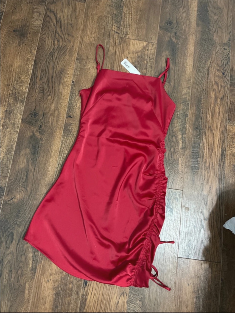 glam Scarlet Satin Ruched Side Slip Mini Dress